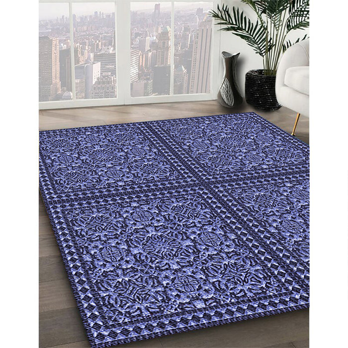 Patterned Blue Rug in Family Room, pat3730blu