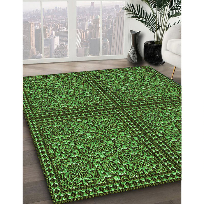 Patterned Dark Forest Green Rug in Family Room, pat3730grn