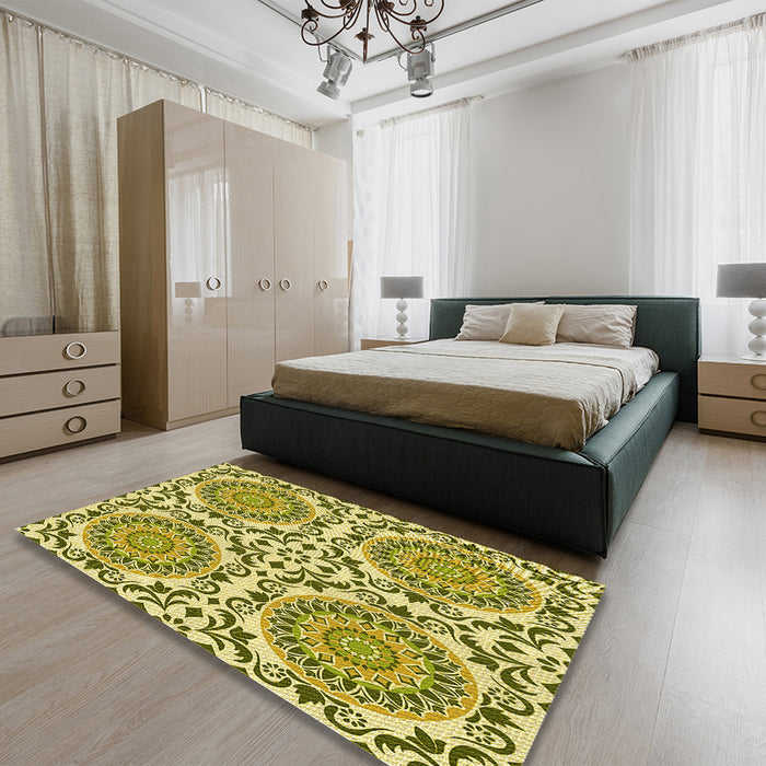 Patterned Olive Green Rug in a Bedroom, pat3739yw