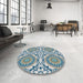 Round Machine Washable Transitional Gulf Blue Rug in a Office, wshpat3739