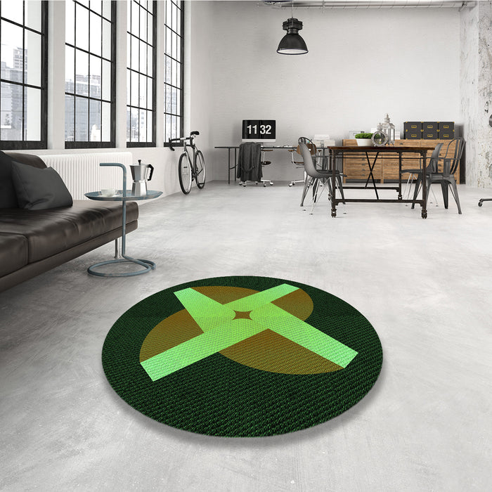 Round Patterned Dark Lime Green Rug in a Office, pat374grn