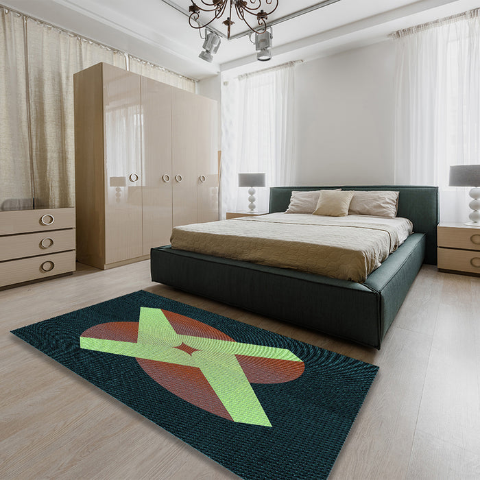 Patterned Forest Green Rug in a Bedroom, pat374lblu