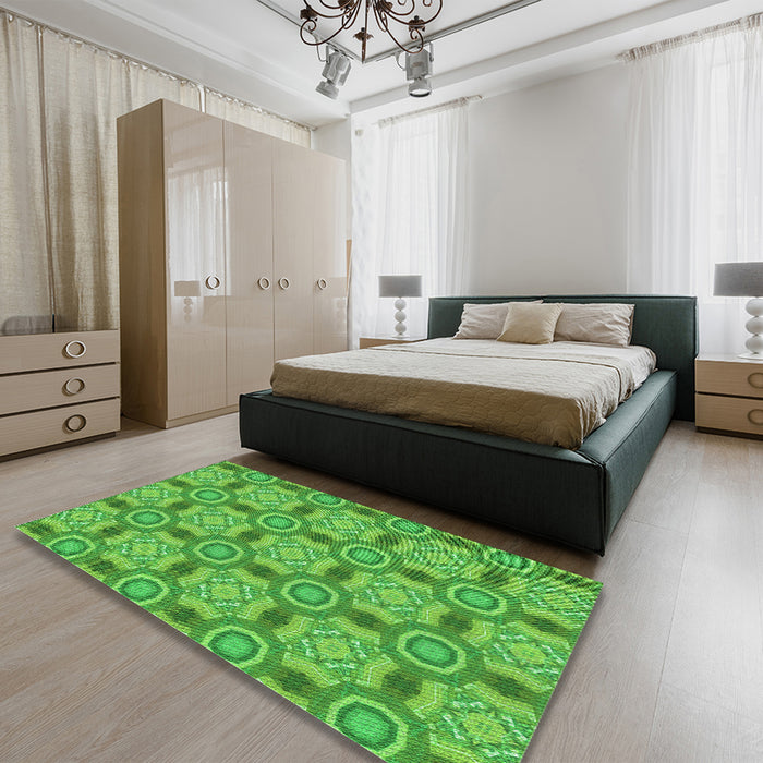 Patterned Green Rug in a Bedroom, pat3744grn