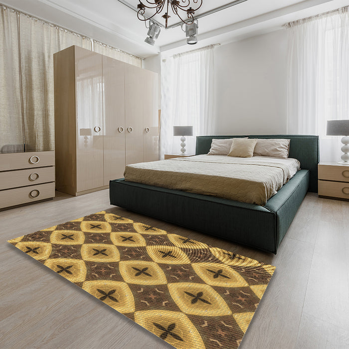 Patterned Saddle Brown Rug in a Bedroom, pat3746brn