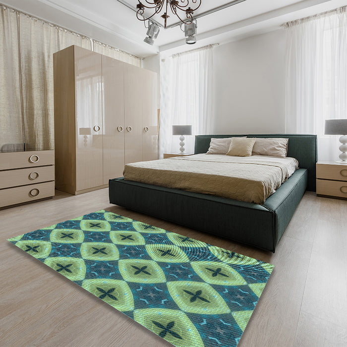 Patterned Pastel Green Rug in a Bedroom, pat3746lblu