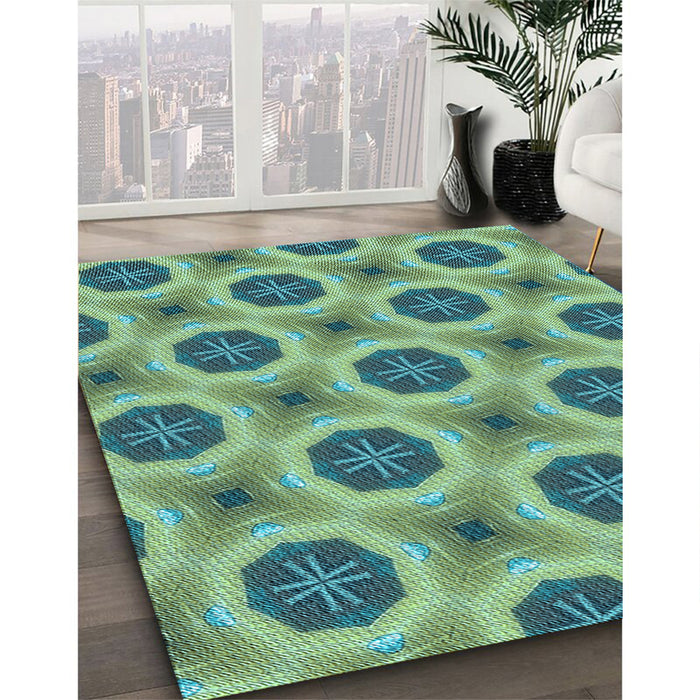 Patterned Green Rug in Family Room, pat3747lblu