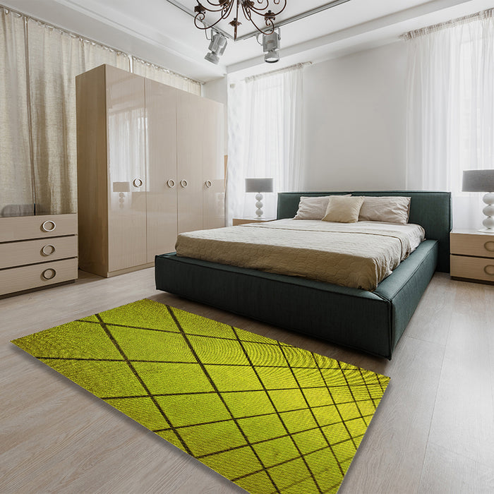 Patterned Olive Green Rug in a Bedroom, pat3749yw