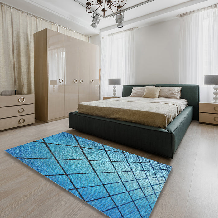 Machine Washable Transitional Bright Turquoise Blue Rug in a Bedroom, wshpat3749
