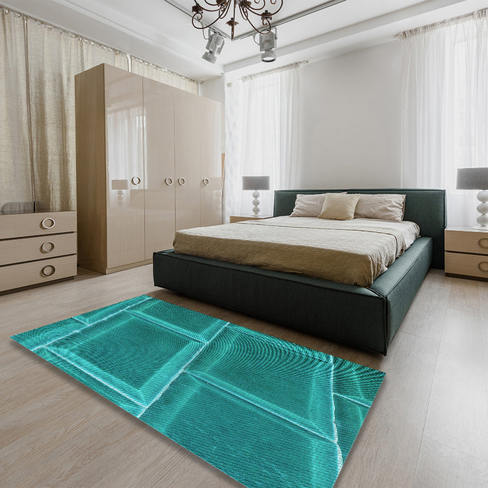 Patterned Dark Cyan Green Rug in a Bedroom, pat3756lblu