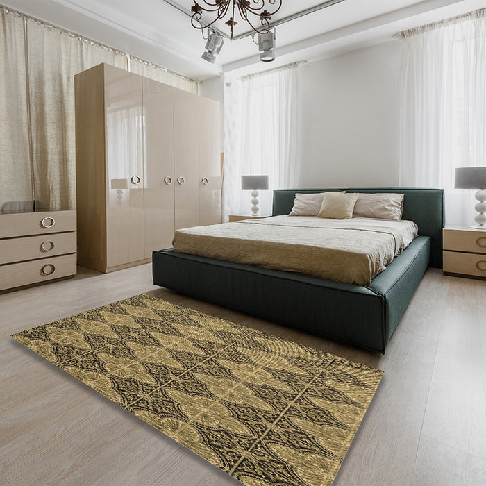 Patterned Golden Gold Rug in a Bedroom, pat3757brn