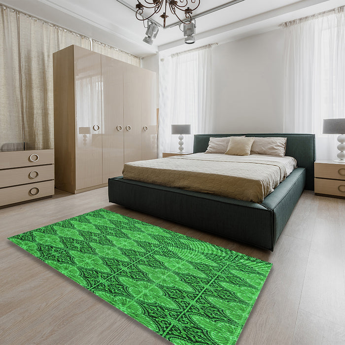 Patterned Green Rug in a Bedroom, pat3757grn