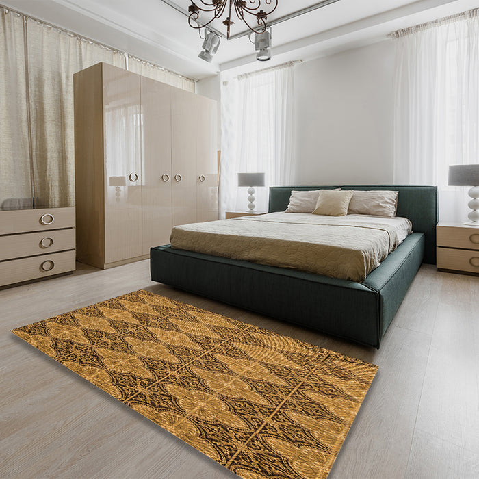 Patterned Saddle Brown Rug in a Bedroom, pat3757org