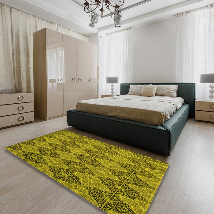 Patterned Dark Bronze Brown Rug in a Bedroom, pat3757yw
