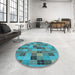 Round Patterned Bright Turquoise Blue Rug in a Office, pat3758lblu