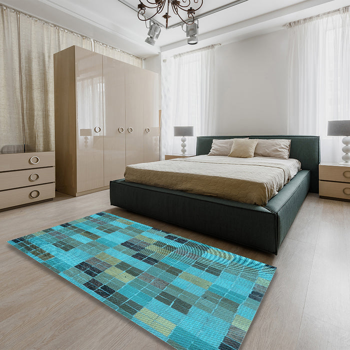 Patterned Bright Turquoise Blue Rug in a Bedroom, pat3758lblu