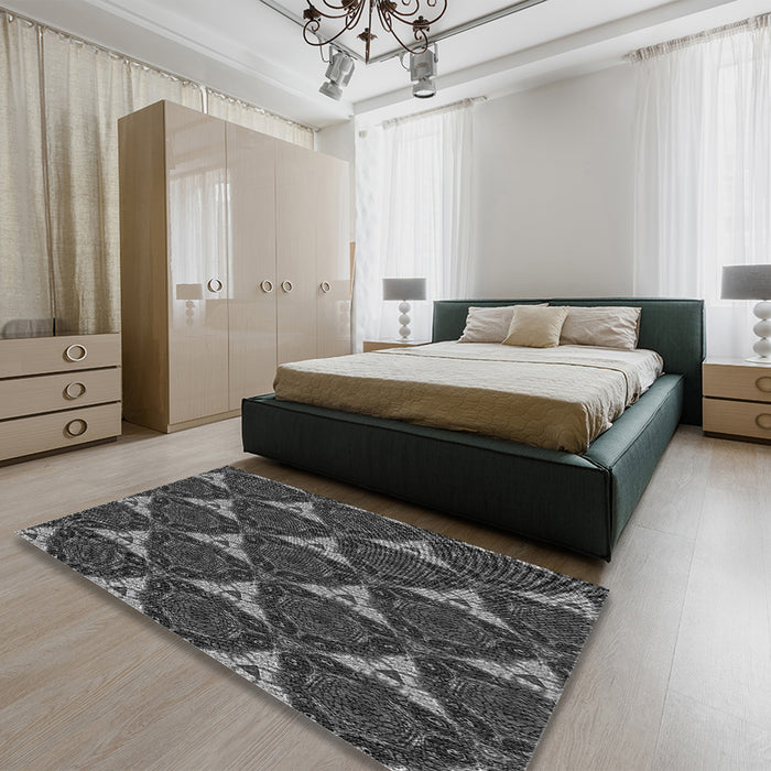 Patterned Charcoal Black Rug in a Bedroom, pat376gry