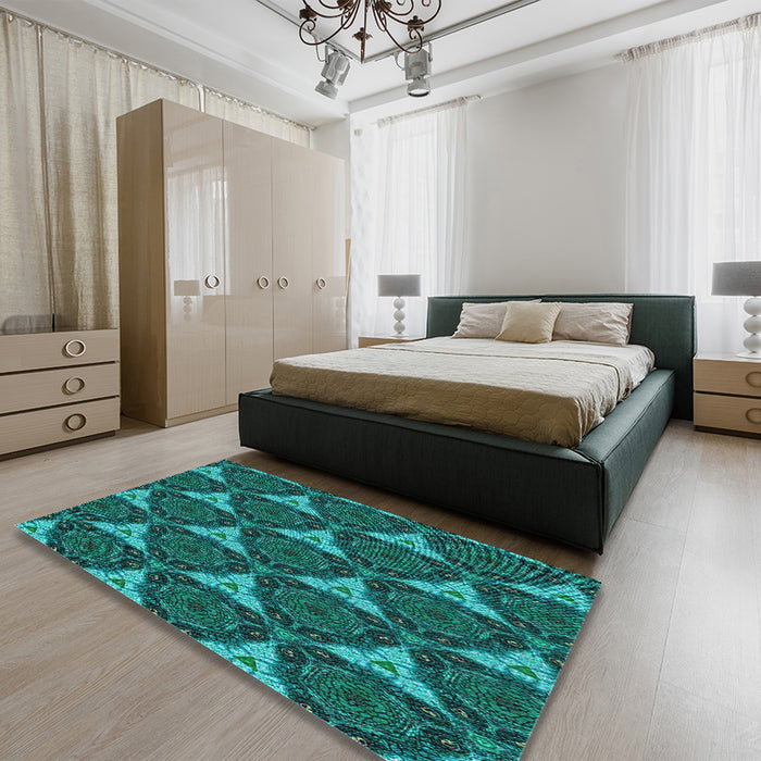 Patterned Dark Turquoise Green Rug in a Bedroom, pat376lblu