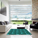 Square Patterned Dark Turquoise Green Rug in a Living Room, pat376lblu