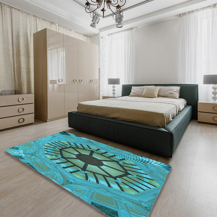 Patterned Teal Green Rug in a Bedroom, pat3761lblu