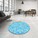 Round Patterned Bright Turquoise Blue Rug in a Office, pat3765lblu