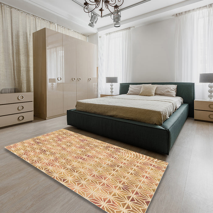 Patterned Brown Gold Rug in a Bedroom, pat3765org