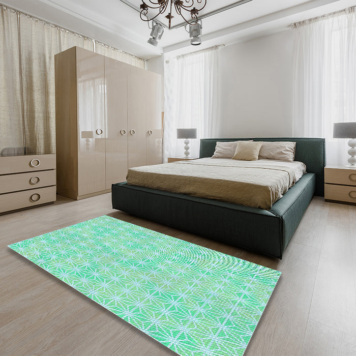 Patterned Green Rug in a Bedroom, pat3766lblu
