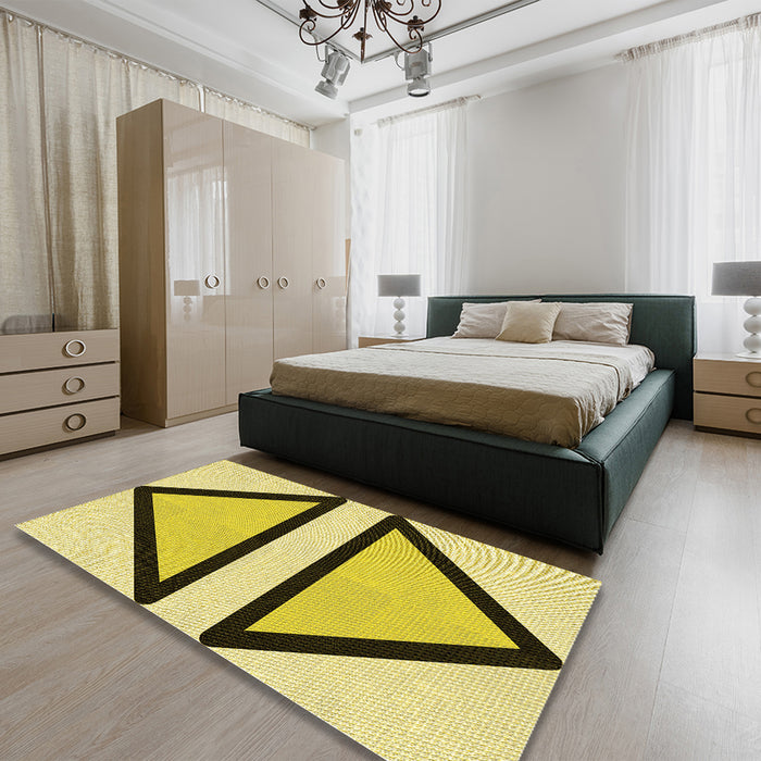 Patterned Dark Yellow Green Rug in a Bedroom, pat3772yw