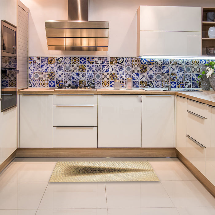 Patterned Khaki Gold Rug in a Kitchen, pat3779brn