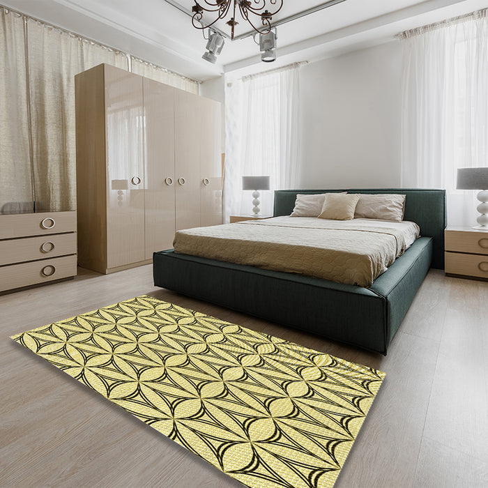 Round Machine Washable Transitional Mustard Yellow Rug in a Office, wshpat3781yw