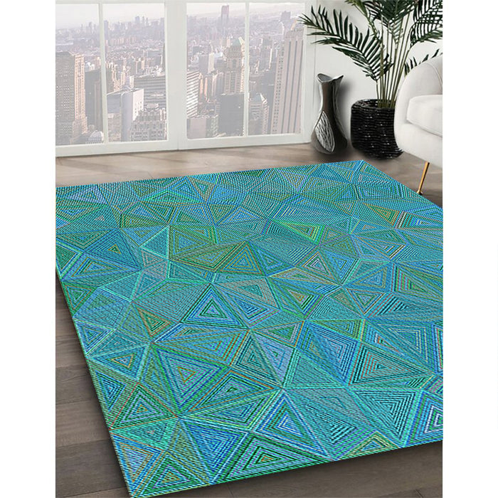 Patterned Dark Cyan Green Rug in Family Room, pat3811lblu