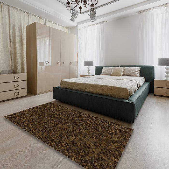 Patterned Dark Bronze Brown Rug in a Bedroom, pat3817org