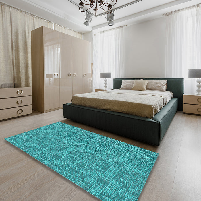 Patterned Dark Cyan Green Novelty Rug in a Bedroom, pat3829