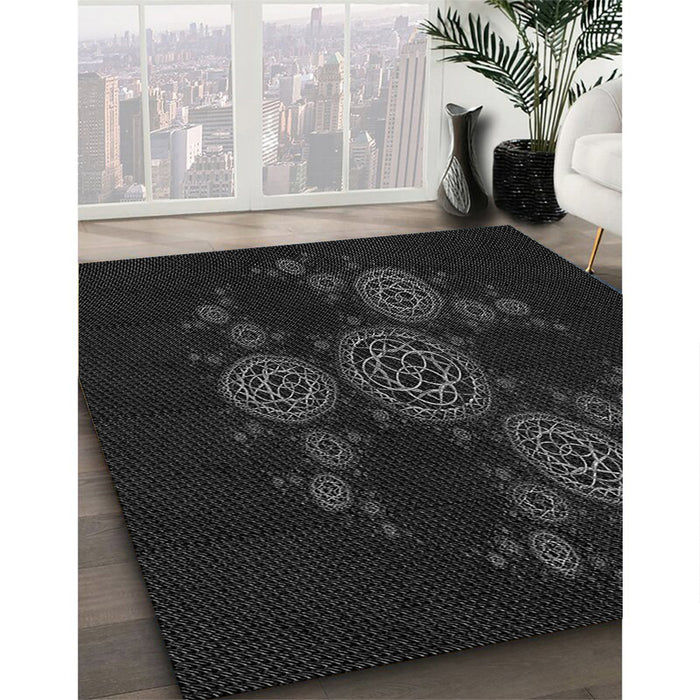 Patterned Black Rug in Family Room, pat383gry
