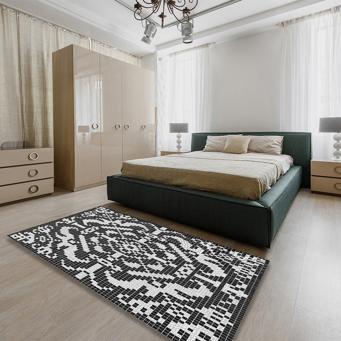 Patterned Charcoal Black Rug in a Bedroom, pat3844gry