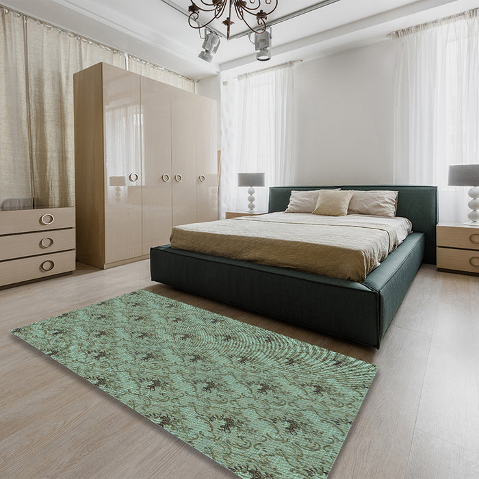 Patterned Dark Sea Green Rug in a Bedroom, pat3847lblu