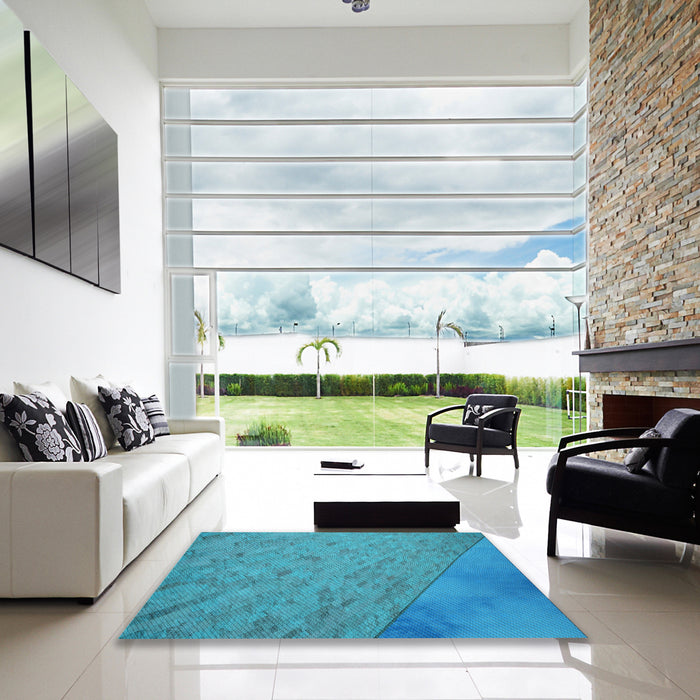 Square Patterned Bright Turquoise Blue Rug in a Living Room, pat3853lblu