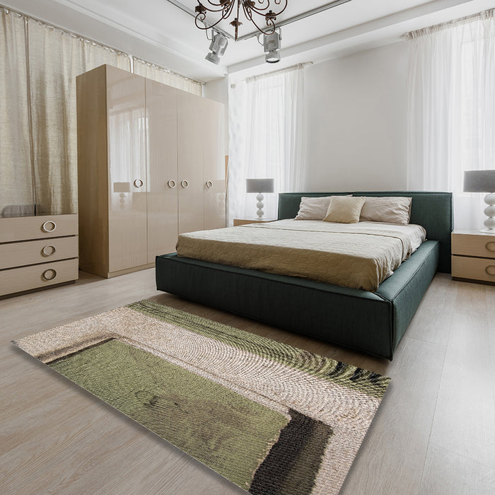 Patterned Antique Bronze Green Novelty Rug in a Bedroom, pat3856