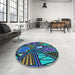 Round Patterned Macaw Blue Green Rug in a Office, pat386lblu