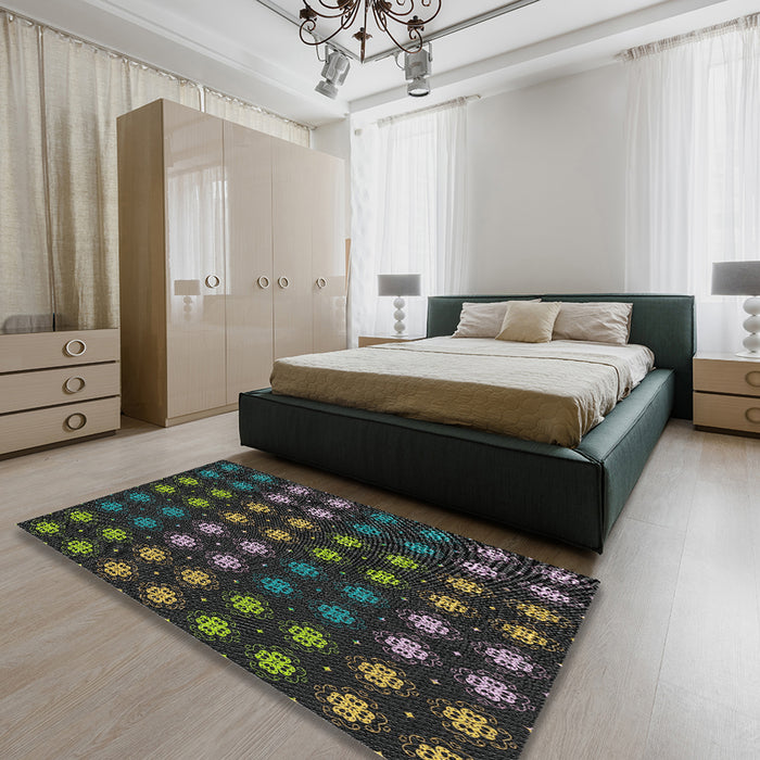 Patterned Black Novelty Rug in a Bedroom, pat3865