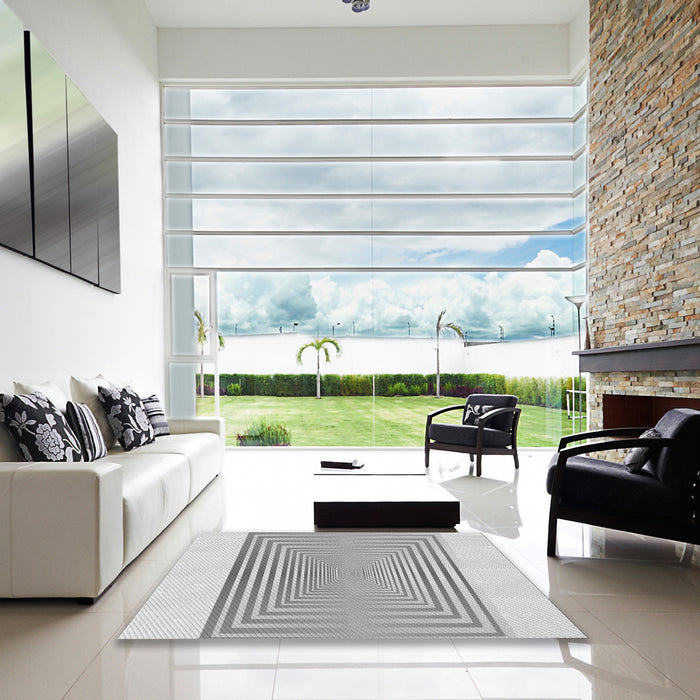 Square Patterned Gunmetal Gray Rug in a Living Room, pat387gry