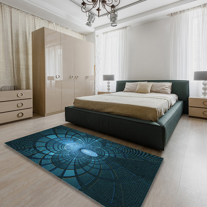 Round Machine Washable Transitional Dark Cyan Green Rug in a Office, wshpat3872lblu