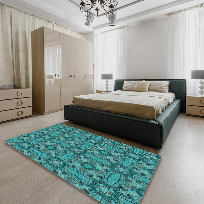 Round Machine Washable Transitional Dark Turquoise Green Rug in a Office, wshpat3877lblu