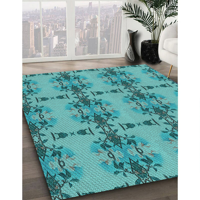 Patterned Dark Cyan Green Rug in Family Room, pat3878lblu