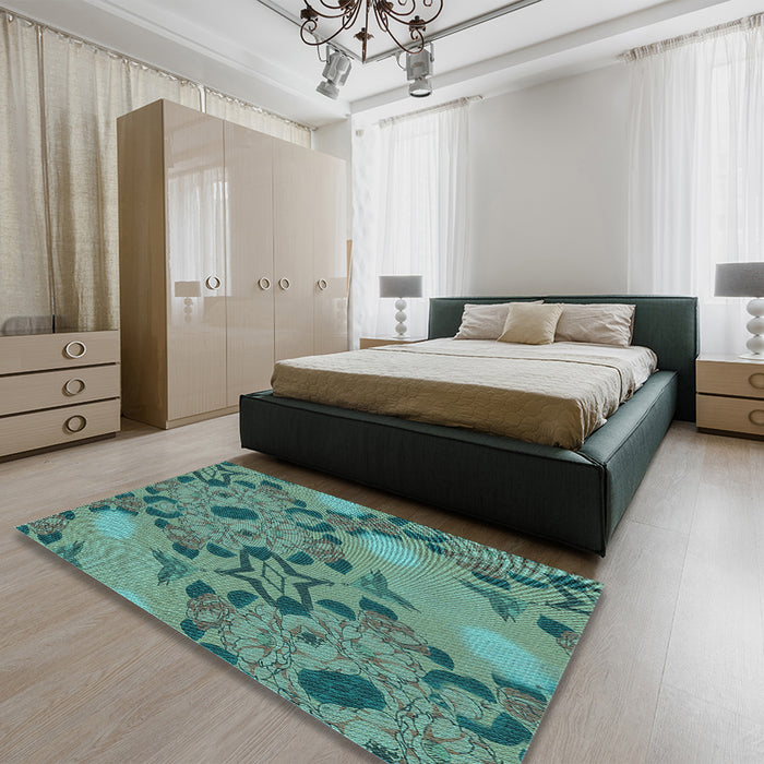 Patterned Deep-Sea Green Rug in a Bedroom, pat3880lblu