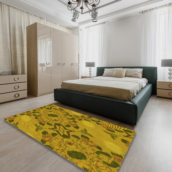 Patterned Dark Bronze Brown Rug in a Bedroom, pat3880yw