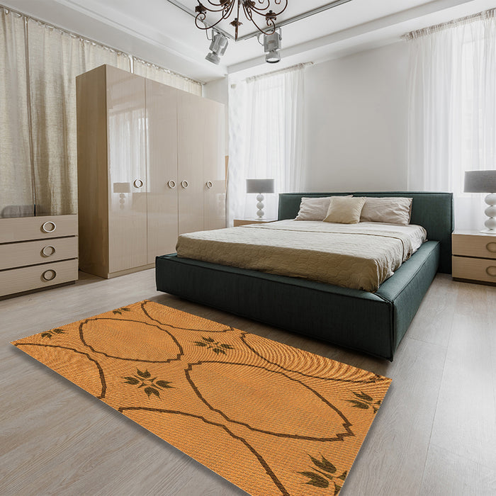 Patterned Mahogany Brown Rug in a Bedroom, pat3881org