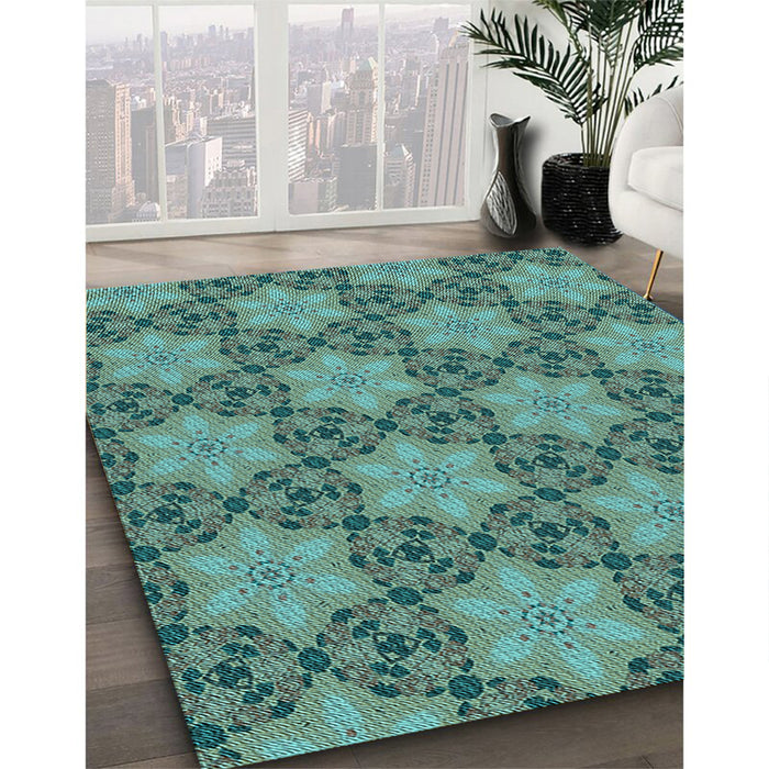 Patterned Deep-Sea Green Rug in Family Room, pat3882lblu