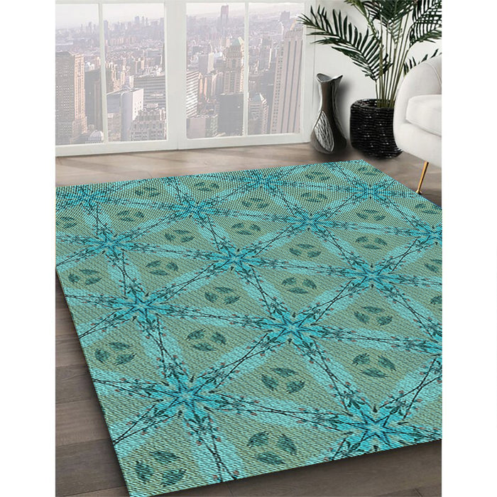 Patterned Turquoise Green Rug in Family Room, pat3884lblu