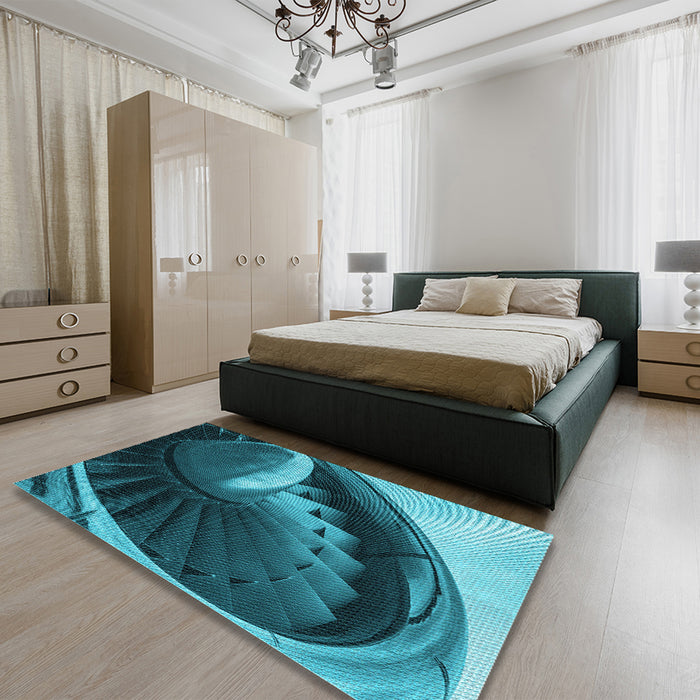 Patterned Dark Turquoise Green Rug in a Bedroom, pat389lblu