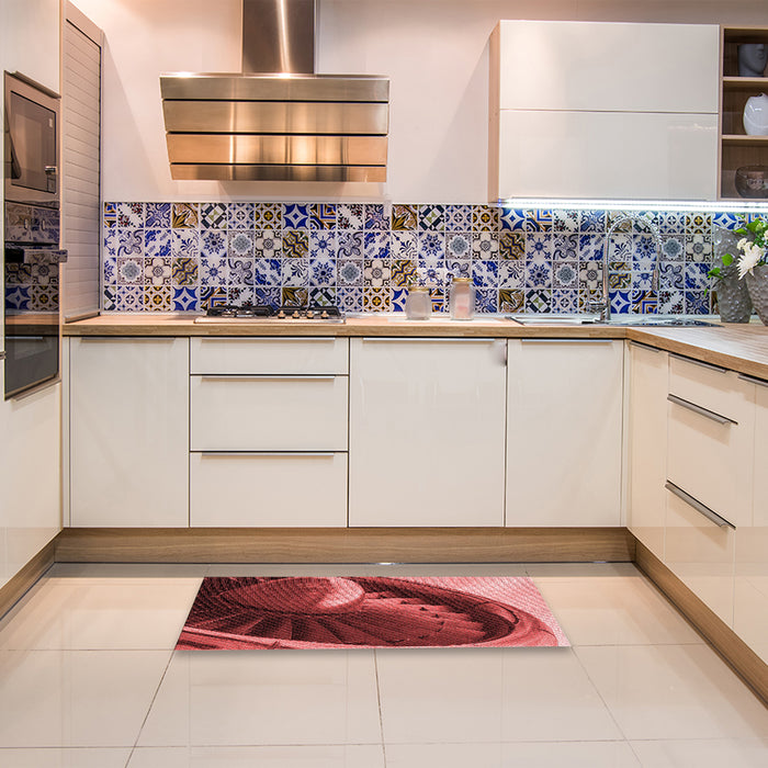 Patterned Cranberry Red Rug in a Kitchen, pat389rd